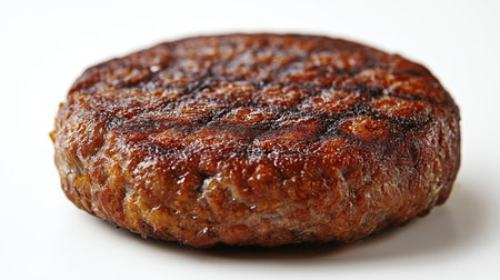 A thick, perfectly round beef patty with a crispy, golden crust, isolated on a clean white background. The smooth, tender interior can be seen slightly peeking through, emphasizing its juicy nature.の素材