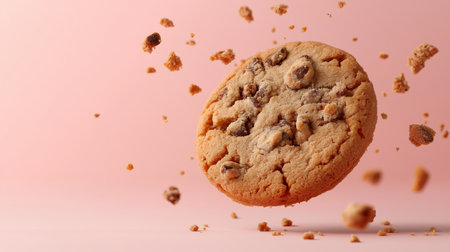 A freshly baked chocolate chip cookie is shown suspended in the air, with crumbs scattering around it against a soft pink backdrop, highlighting its texture and warmth.の素材