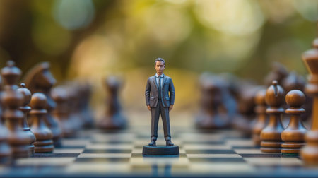 A single chess piece stands prominently on a chessboard surrounded by wooden pieces. The scene captures a moment of intense focus during an outdoor game, with blurred greenery in the background.の素材