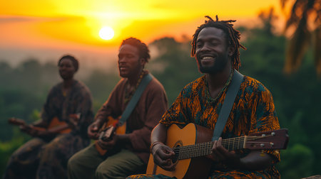 Three musicians play guitars, enjoying an enchanting sunset surrounded by lush greenery. Vibrant colors fill the sky as they create a joyful atmosphere with their music.の素材