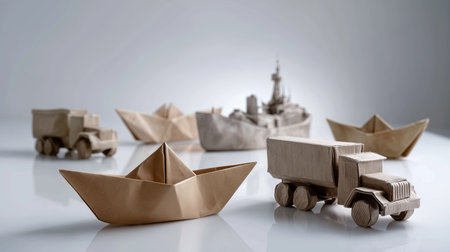 Crafted from paper, boats and trucks are displayed in an artistic arrangement, showcasing their intricate design against a plain backdrop, highlighting creativity and craftsmanship.の素材