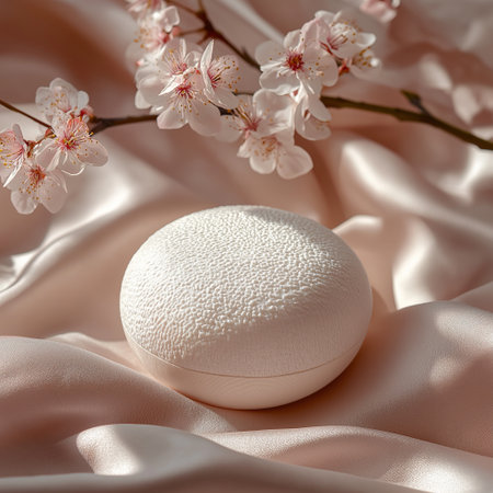 product photography with soft light cosmetic cushion puff, top view, flatの素材