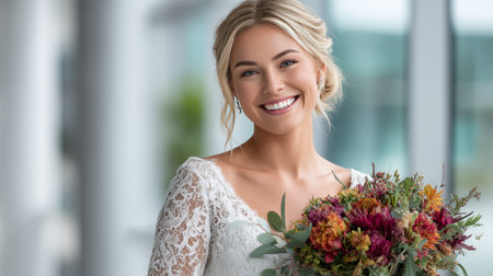 A happy bride stands holding a vibrant bouquet filled with colorful flowers. She is dressed in a lace wedding gown and smiles warmly. Sunlight filters softly through large windows.の素材