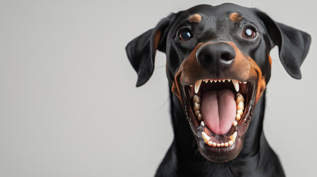 A Doberman with a shiny coat and bright eyes is playfully smiling with its mouth wide open, showcasing its teeth. The background is simple, emphasizing the dog's joyful demeanor.の素材