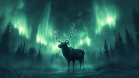 A deer with impressive antlers stands peacefully in a misty forest, illuminated by vibrant northern lights during the night, creating a breathtaking natural spectacle.の素材