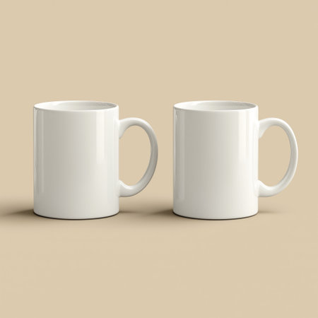 Two plain white ceramic mugs are positioned on a soft beige background, showcasing their simple design ideal for various creative projects or promotions.の素材