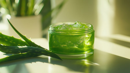 Bright green aloe vera gel is positioned in a glass jar, enhanced by fresh aloe leaves. The soft sunlight creates a warm ambiance, showcasing its natural texture and color.の素材