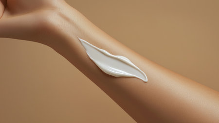 A smooth cream is spread on the skin of a hand against a neutral background. This skincare routine highlights hydration and nourishment for healthy skin.の素材
