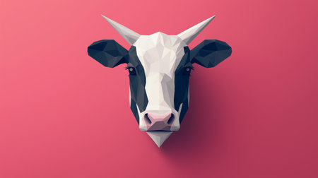 This artwork features a stylized cow head in a geometric form, showcasing angular shapes and a contrasting black and white color scheme set against a vibrant pink backdrop.の素材