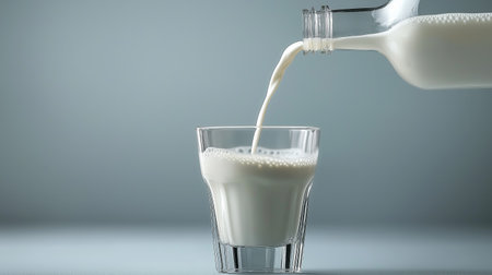 A stream of fresh milk flows into a clear glass, forming bubbles and foam. The focus is on the texture of the milk as it fills the glass against a blurred background.の素材