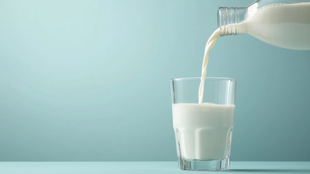 A stream of fresh milk flows into a clear glass, forming bubbles and foam. The focus is on the texture of the milk as it fills the glass against a blurred background.の素材