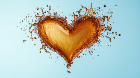 A heart-shaped splash of brown liquid captures attention against a soft blue background, showcasing a creative blend of art and nature. The dynamic movement enhances the vibrant visual.の素材