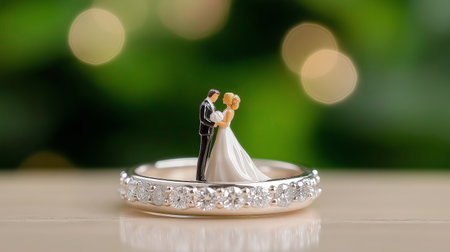 A small figurine of a bride and groom stands atop an intricate wedding band, symbolizing love and commitment. The blurred background hints at a festive indoor atmosphere.の素材