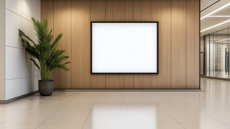 A contemporary gallery space showcases a large blank frame against a wooden wall. A green plant adds a touch of nature, enhancing the minimalist aesthetic of the area.の素材