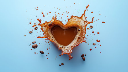 A vibrant splash of coffee forms a heart shape against a smooth blue background. Coffee beans scatter around, adding texture and warmth to the composition.の素材