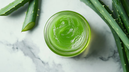 Green aloe vera gel sits in a glass jar on a marble table. Surrounding the jar, fresh aloe leaves display a vibrant green color, highlighting the plant's natural health benefits.の素材