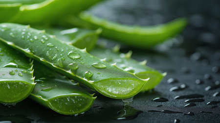Bright green aloe vera leaves with water droplets are arranged on a dark surface. The light enhances their vibrant color and texture, showcasing their natural beauty and freshness.の素材