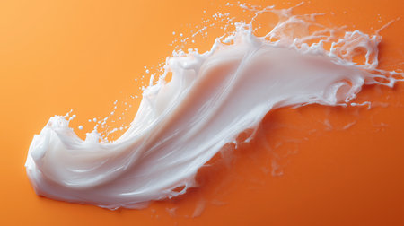 A smooth, creamy substance flows elegantly across a bright orange surface, creating dynamic splashes and textures. The vibrant contrast emphasizes the fluid motion and glossy appearance.の素材