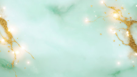 Soft mint green backdrop features delicate golden accents and shimmering particles. Ideal for design projects, invitations, or online presentations. The peaceful colors create a calming atmosphere.の素材