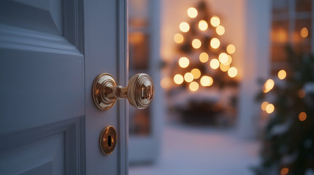 High quality photo, a polished gold door handle on a clean white wooden door, elegant and minimalistic Scandinavian design, soft ambient lighting reflecting on the surface, blurred background with neutral tones, cozy home aestheticの素材