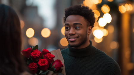 A man expresses affection by giving a bouquet of red roses to his partner amidst a charming city backdrop adorned with soft glowing lights during the evening.の素材