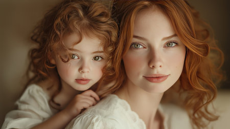 A mother and her young daughter embrace in a warm, intimate setting. Both have beautiful red hair and bright eyes, radiating love and connection under soft, natural light.の素材