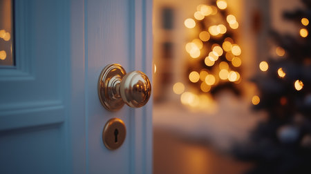 High quality photo, a polished gold door handle on a clean white wooden door, elegant and minimalistic Scandinavian design, soft ambient lighting reflecting on the surface, blurred background with neutral tones, cozy home aestheticの素材