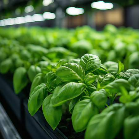 Green basil plants flourish under artificial lights in a well-organized indoor garden. Rows of healthy plants showcase vibrant leaves, indicating proper care and optimal growing conditions.の素材