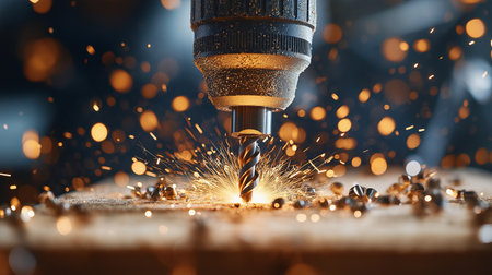 A drill bit penetrates a metal surface in a workshop, sending sparks flying, as the dim light highlights the intense activity and craftsmanship taking place in the evening.の素材