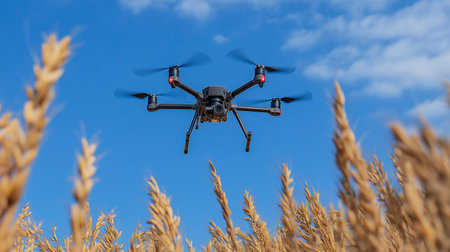 A drone hovers above a golden wheat field, capturing aerial views of the crops. The bright blue sky and wispy clouds create a serene atmosphere, emphasizing agricultural innovation.の素材