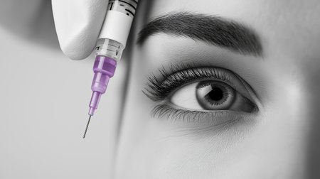 A professional holds a syringe near the eye of a patient, preparing for a cosmetic injection. The procedure focuses on enhancing facial features during a treatment session.の素材