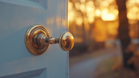A close-up view of an ornate door knob catches afternoon light, with golden hues from the sunset creating a warm atmosphere in the blurred background of a peaceful path.の素材