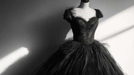 A striking black dress featuring intricate feather-like embellishments is gracefully displayed on a mannequin. Soft light casts gentle shadows, highlighting the garment's elegant design.の素材