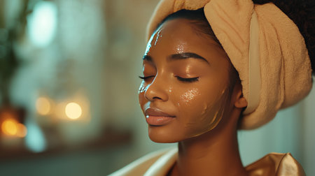 A young woman sits with her eyes closed, enjoying a soothing facial treatment. She wears a soft towel on her head and has a golden mask on her face, surrounded by a calming ambiance.の素材