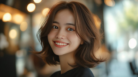 A woman with wavy brown hair smiles warmly while seated at a cafe. Soft lighting and a cozy atmosphere enhance the inviting scene, perfect for relaxation and conversation.の素材