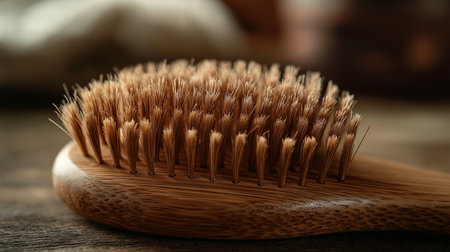 A wooden hairbrush featuring natural bristles rests on a rustic wooden surface. The soft bristles create a gentle yet effective styling tool for daily hair care.の素材
