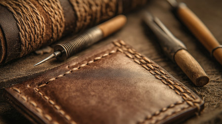 A handcrafted leather wallet rests on a rustic wooden table surrounded by various crafting tools. Twine and leather pieces add to the artisan atmosphere of the workspace.の素材