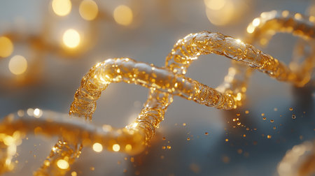 A close-up view reveals a golden chain glistening under soft lighting. The intricate design showcases smooth links and sparkling reflections, creating an elegant visual effect.の素材