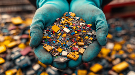 A pair of gloved hands holds a colorful collection of electronic waste, showcasing various circuit boards and components in a recycling facility focused on sustainable practices.の素材