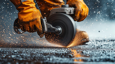 A construction worker in orange gloves uses a cutting tool on asphalt. Sparks fly as the metal blade makes contact, creating a dramatic effect in the dim evening light.の素材