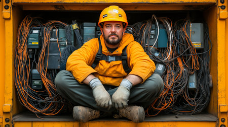 A worker dressed in orange sits cross-legged in a storage container filled with tangled electrical cables and meters. The vivid colors highlight the industrial environment and the task at hand.の素材