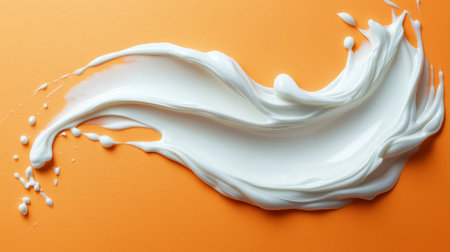 A smooth, creamy substance flows elegantly across a bright orange surface, creating dynamic splashes and textures. The vibrant contrast emphasizes the fluid motion and glossy appearance.の素材