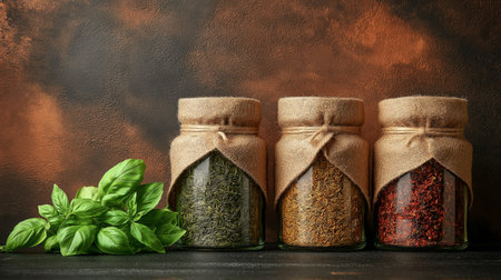 Three jars filled with assorted herbs and spices are displayed on a dark wooden surface, alongside vibrant green basil leaves. The backdrop adds a warm, rustic touch.の素材