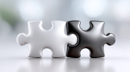 Two puzzle pieces, one white and one black, fit together seamlessly, symbolizing unity and diversity. The soft, blurred background enhances their connection and balance.の素材