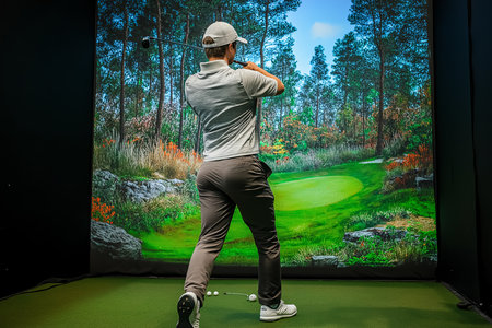 Golfer playing golf in indoor simulator. golf simulatorの素材