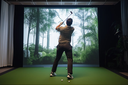 Golfer playing golf in indoor simulator. golf simulatorの素材