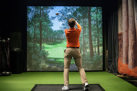 Golfer playing golf in indoor simulator. golf simulatorの素材