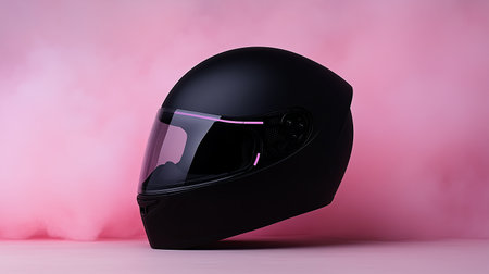 Stylish black motorcycle helmet on a pink background with soft cloudsの素材
