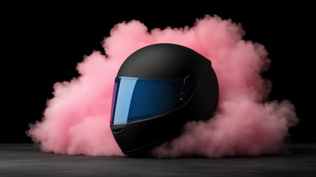 Black motorcycle helmet surrounded by pink smoke on dark backgroundの素材