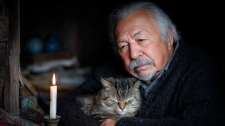 An elderly man sits in a dim room with a gentle expression, holding a cat close. A flickering candle illuminates the scene, creating a warm, cozy atmosphere at dusk.の素材